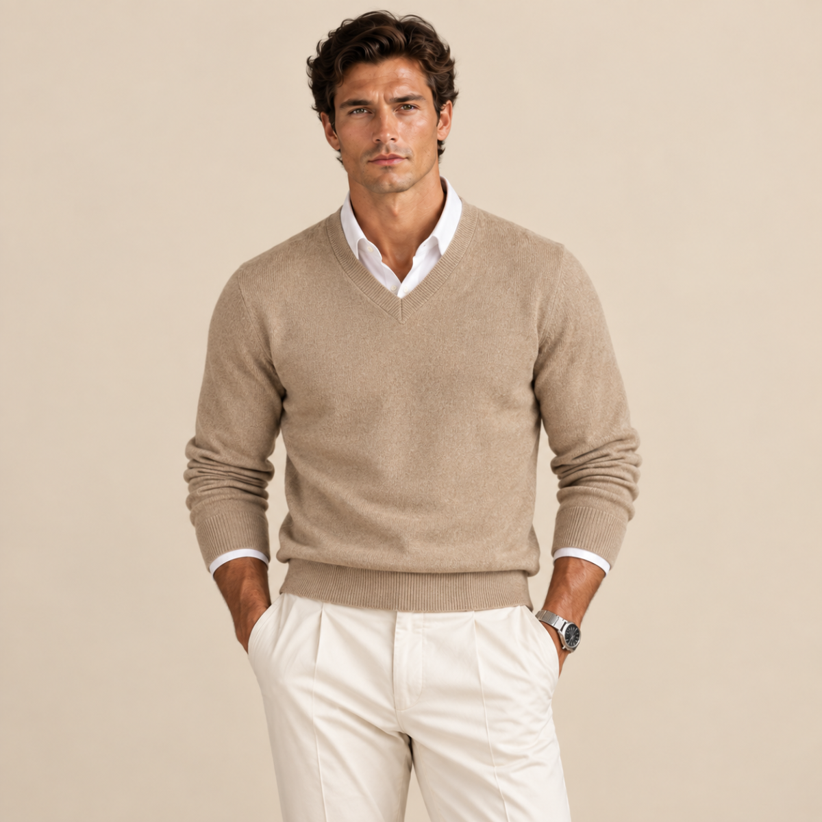 Men's long-sleeve V-neck sweater with ribbed trims