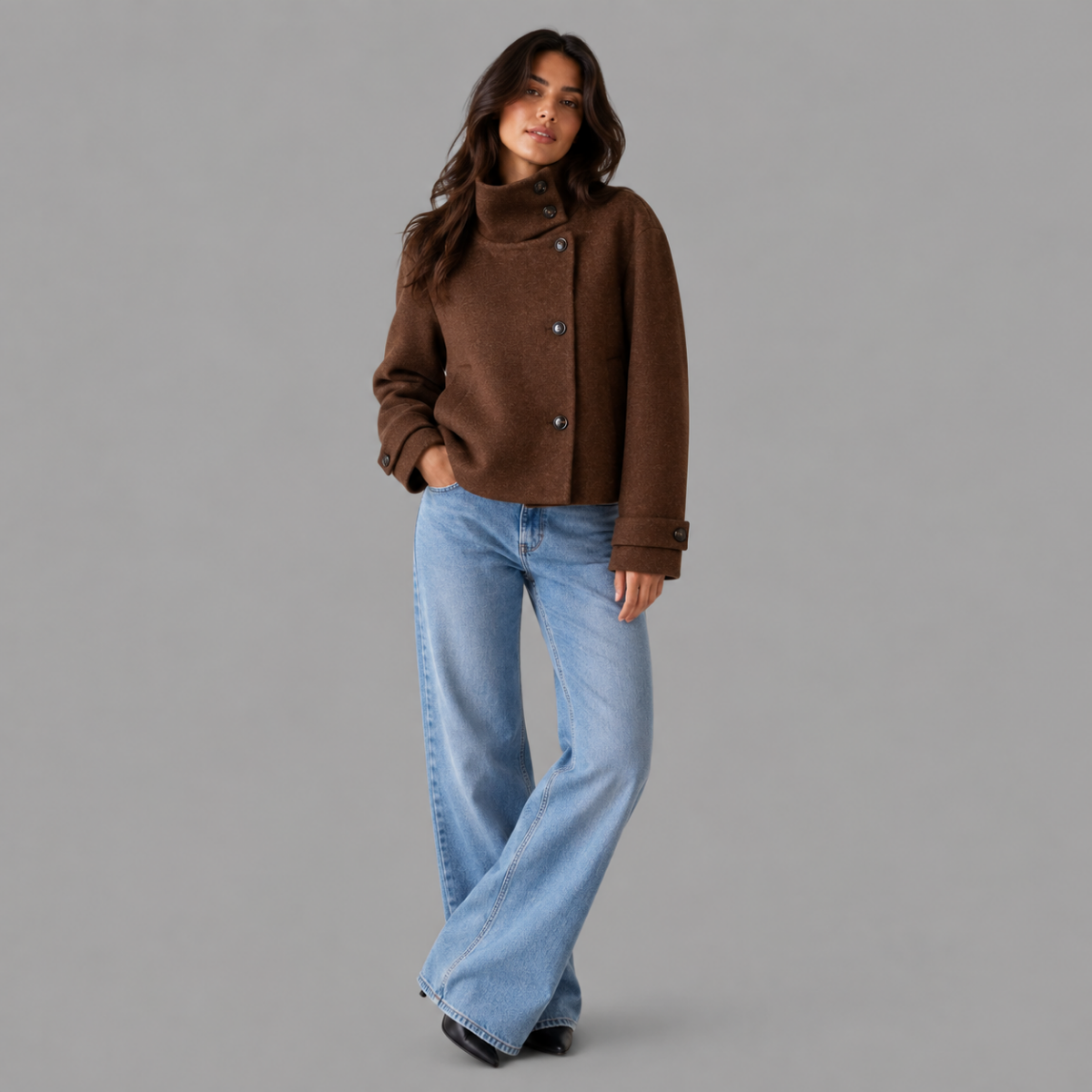 Women's stand collar button front jacket with long sleeves and front pockets