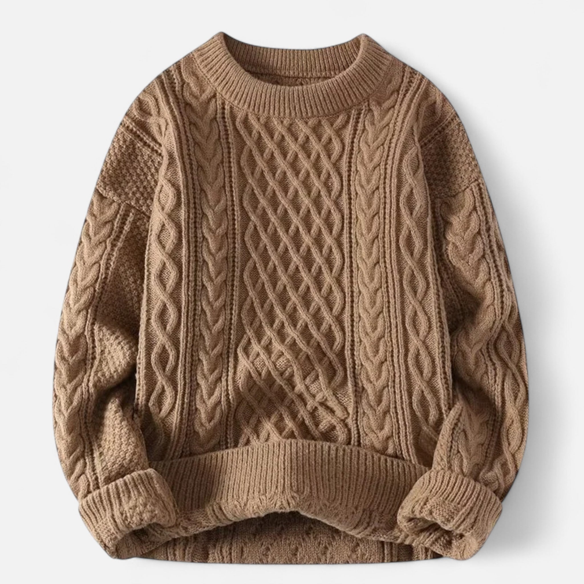 Men's cable knit crew neck jumper with long sleeves and ribbed trims