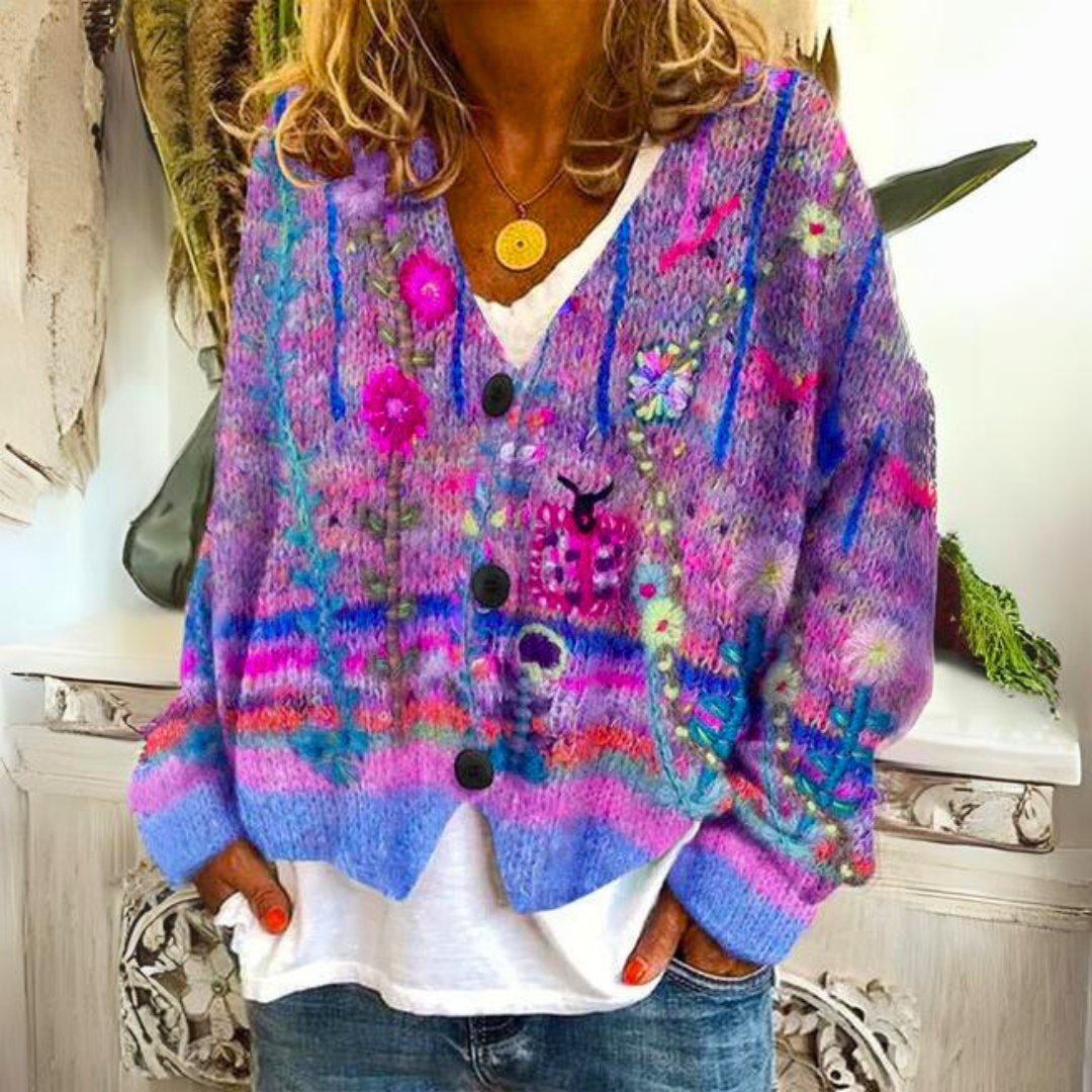 Women's colourful floral embroidered V-neck cardigan with long sleeves and buttons