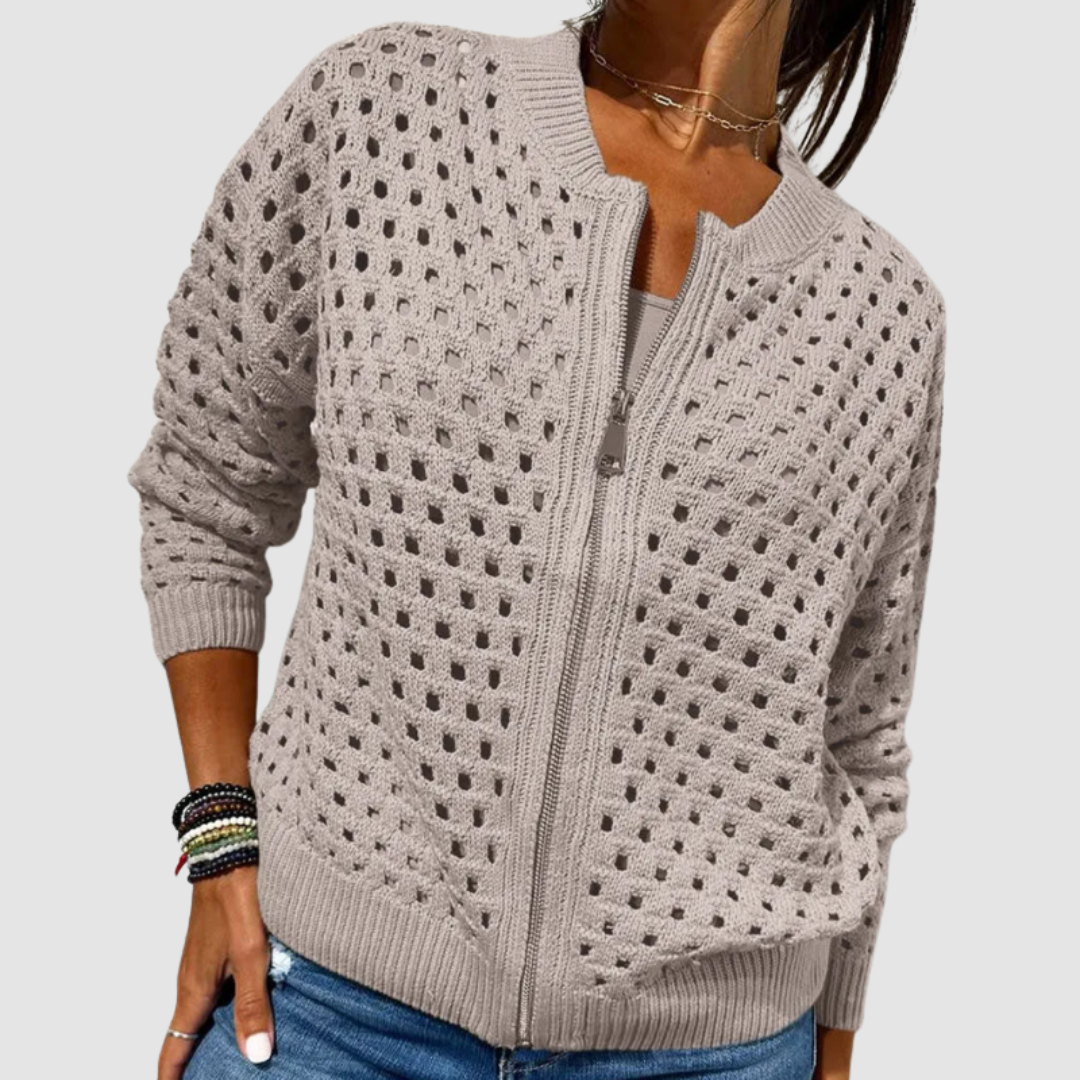 Women's openwork knitted cardigan with crew neck and front zip