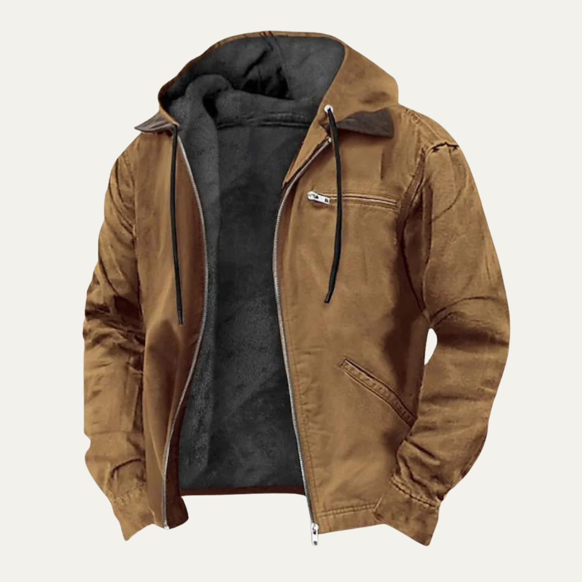 Men's hooded fleece-lined jacket with zip fastening, chest pocket and ribbed trims
