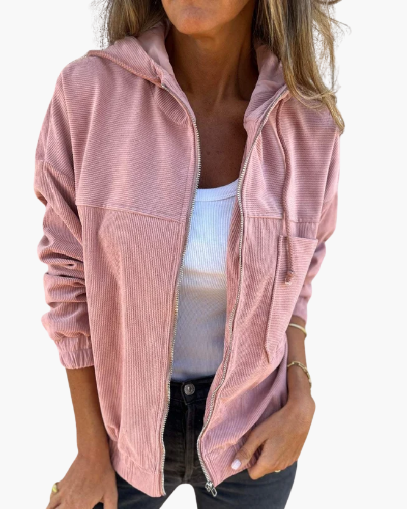 Women's hooded ribbed jacket with front zip, pockets and long sleeves