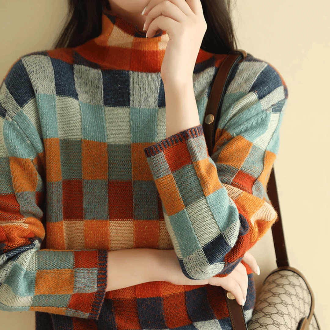 Women's colourful patchwork turtleneck jumper with long sleeves