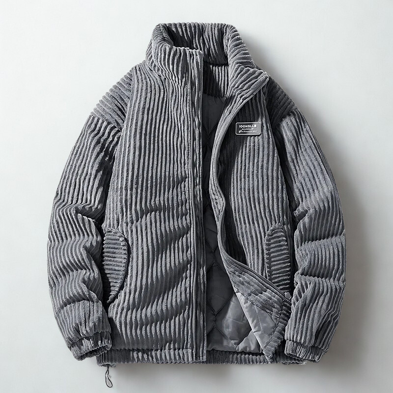 Men's corduroy quilted jacket with high collar and zip front