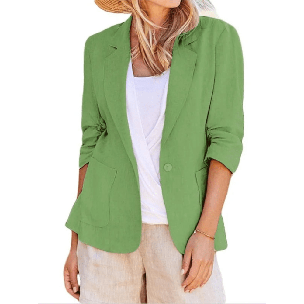 Women's single-breasted blazer with notched lapels, three-quarter sleeves and patch pockets