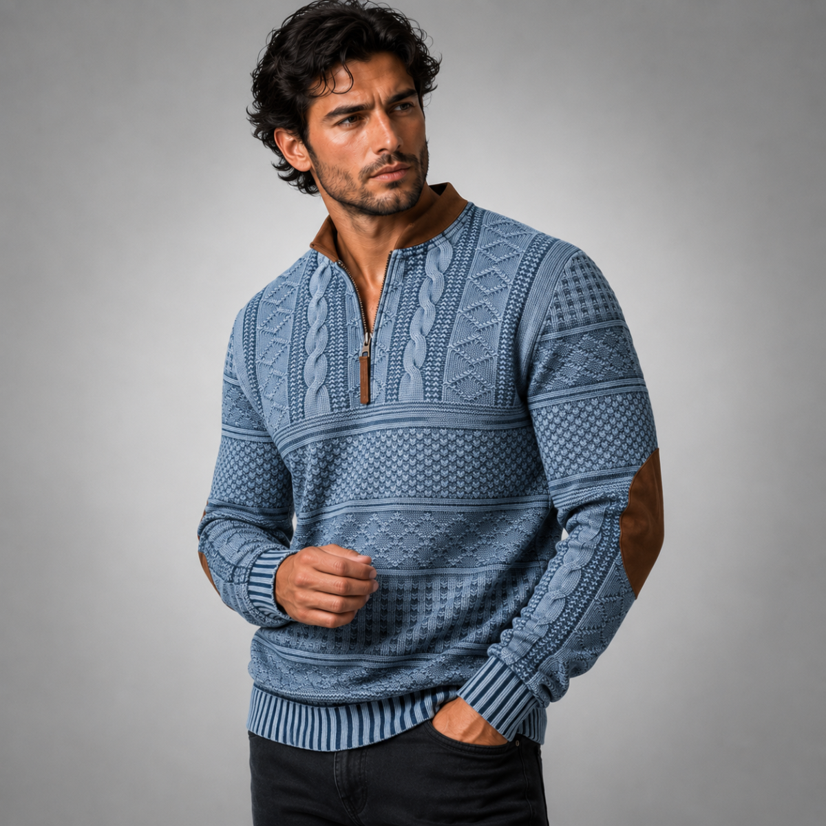 Men's textured patterned half-zip sweater with elbow patches and ribbed trims