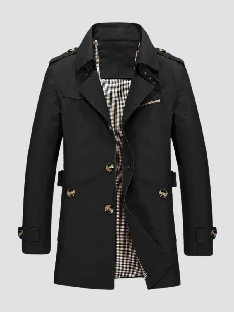 Men's Trench Coat Single-Breasted Epaulette - Black