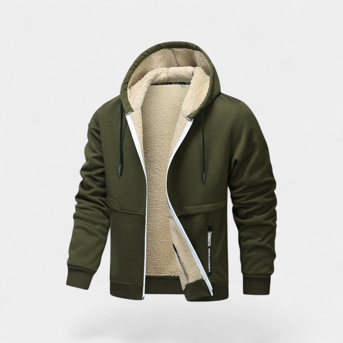 Men's hooded zip cardigan with cream sherpa-style lining and front pockets