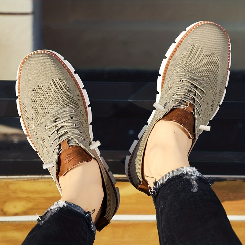 Men's Knit Trainers Lace-Up White Sole - Beige