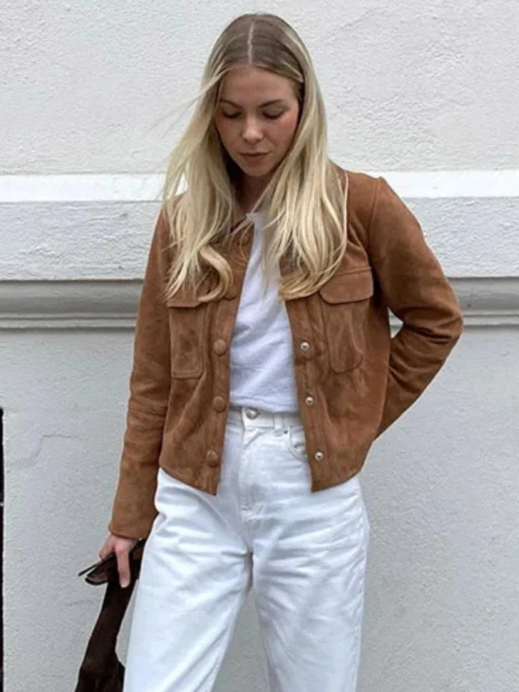 Women's Suede Jacket Cropped Button-Front Chest Pockets - Brown