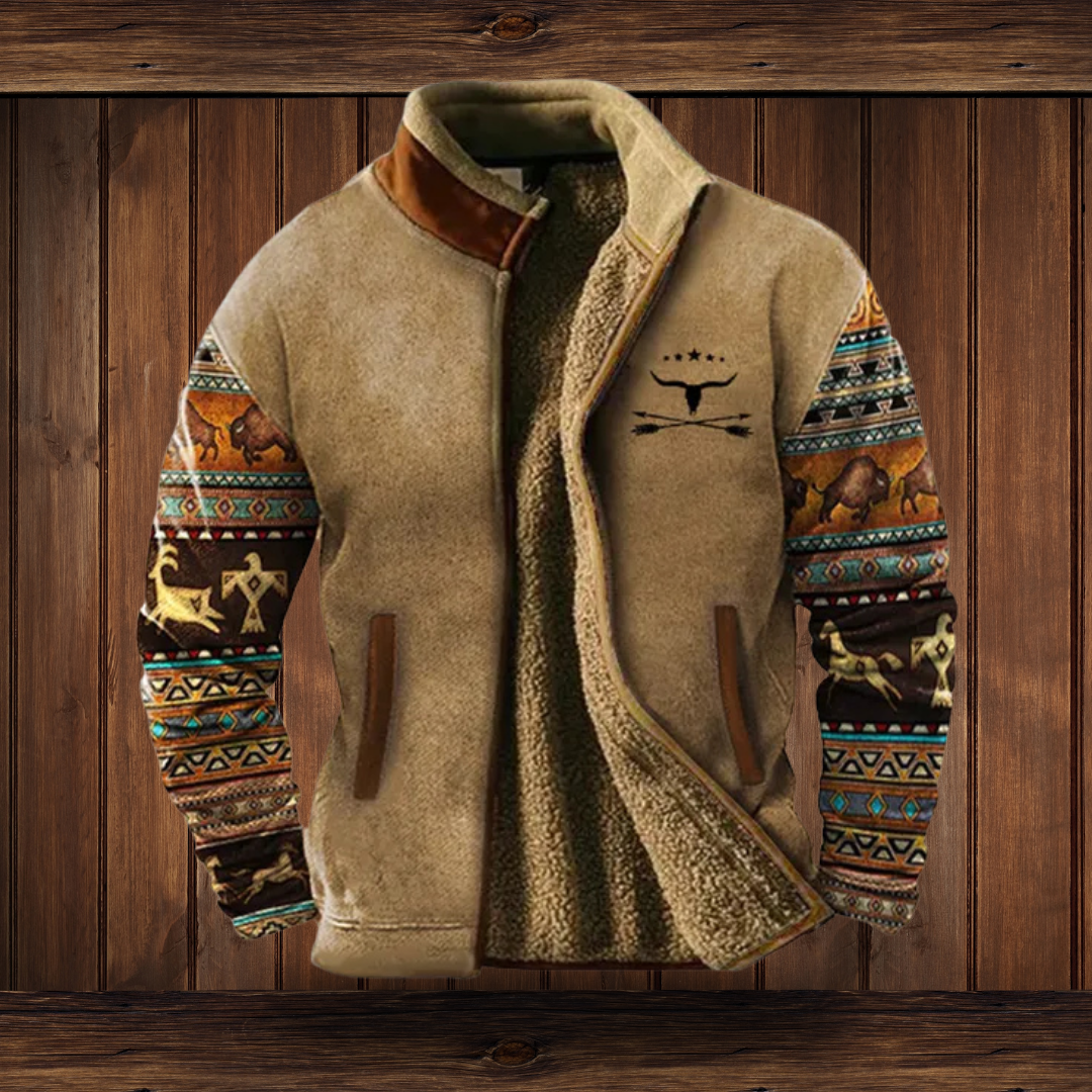 Men's Fleece Jacket Aztec-Sleeve Sherpa-Lined - Brown