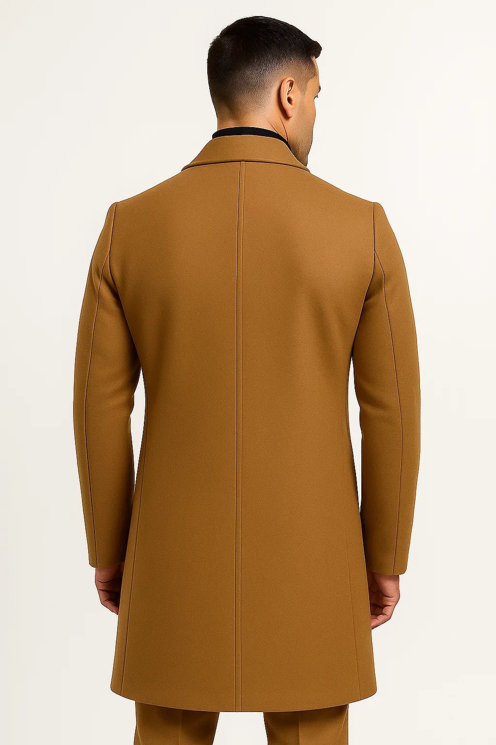 Men's longline trench coat with notched lapels and button front