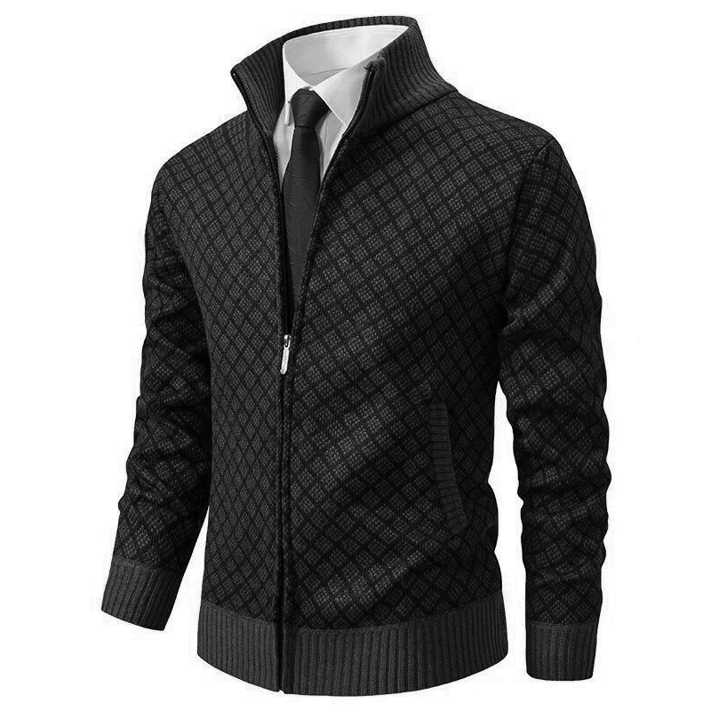 Men's geometric diamond pattern cardigan with mock neck and front zip