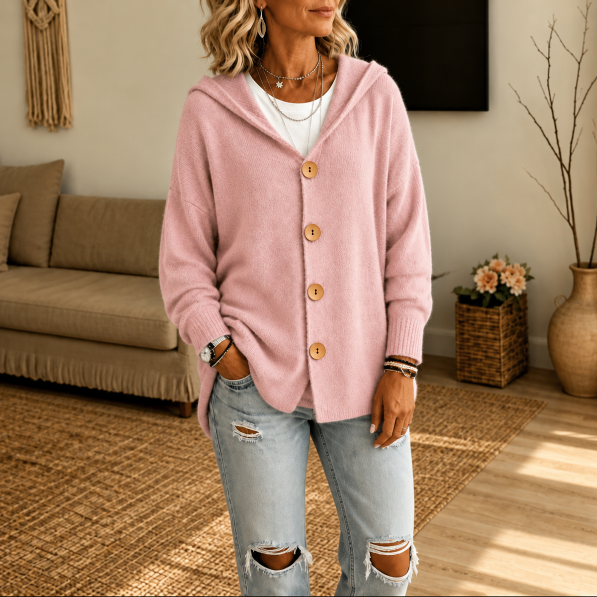 Women's hooded waffle-knit cardigan with button front and ribbed cuffs