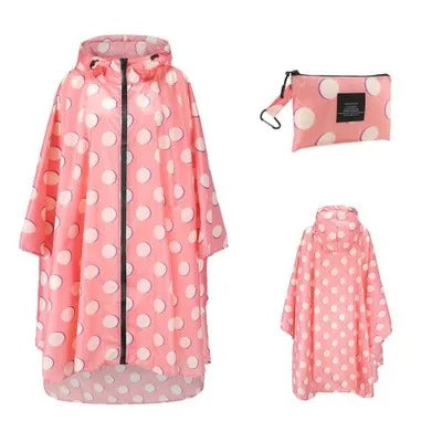 Patterned hooded rain poncho with zip front and wide sleeves