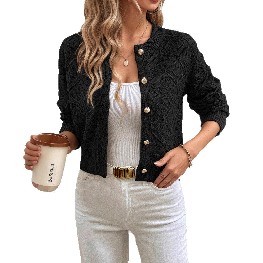 Women's cropped geometric openwork cardigan with long sleeves and button front
