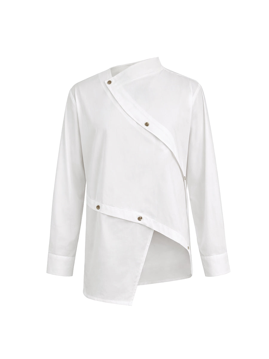 Women's white asymmetric blouse with stand collar and long sleeves