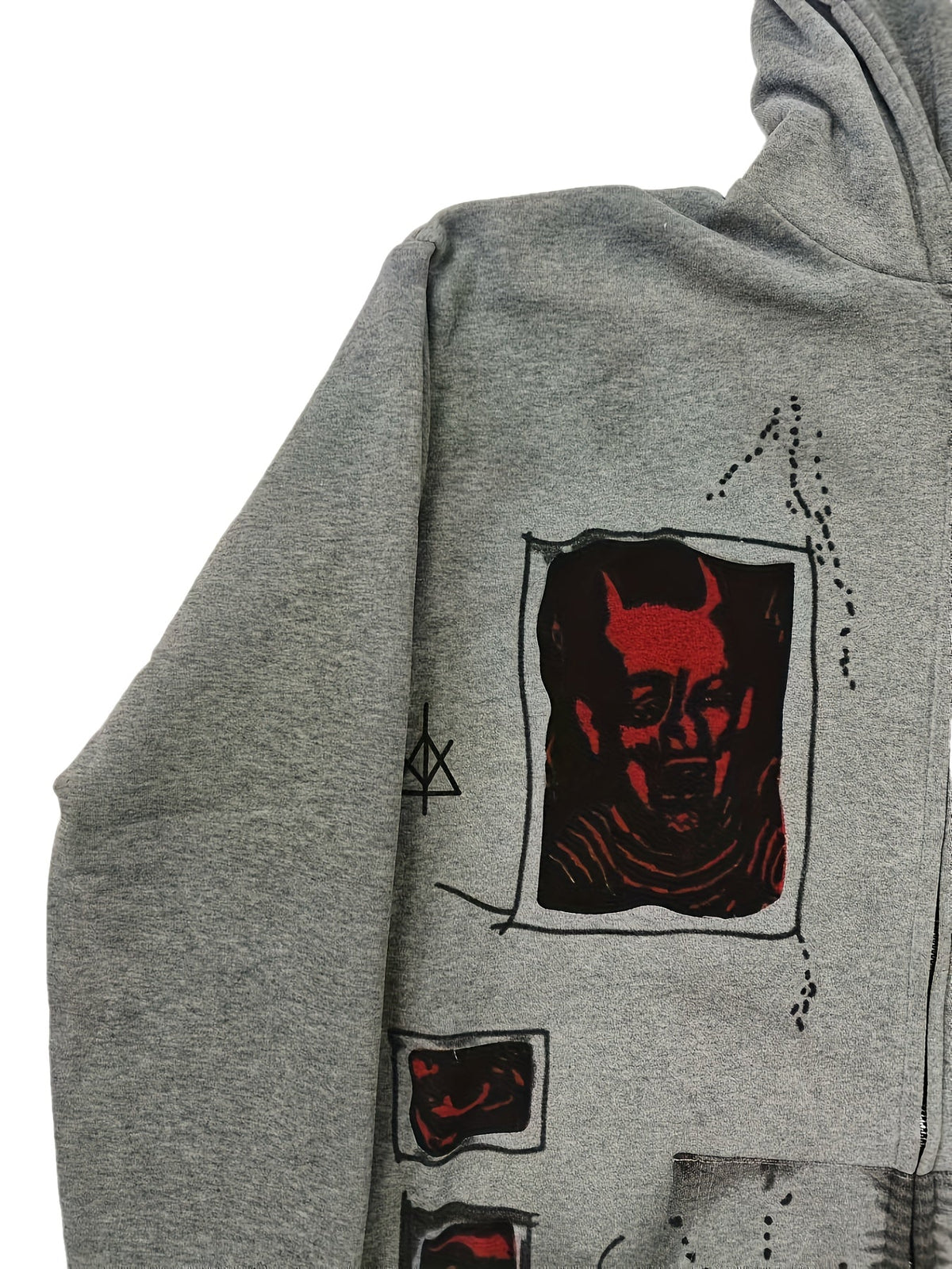 Men's grey zip-up hoodie with hood and graphic front panels