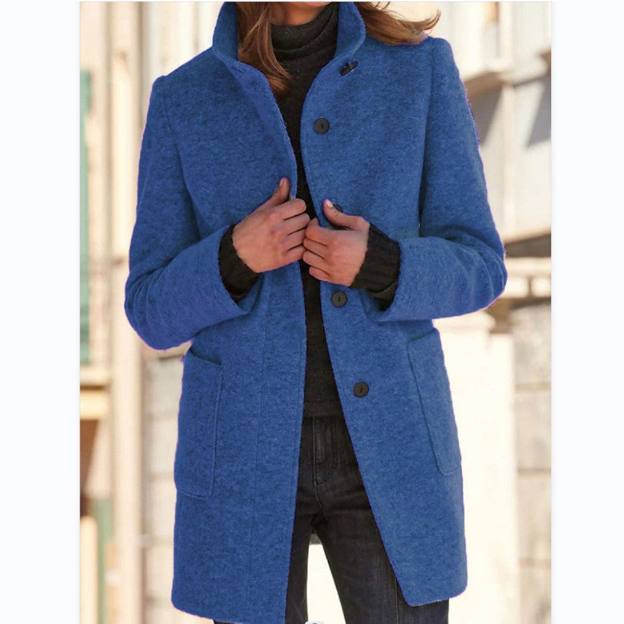 Women's high-neck button front coat with long sleeves and patch pockets