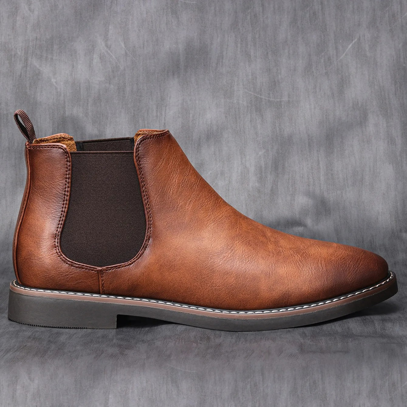 Men's Chelsea Boot Leather-Look Elastic Side Panel - Dark brown