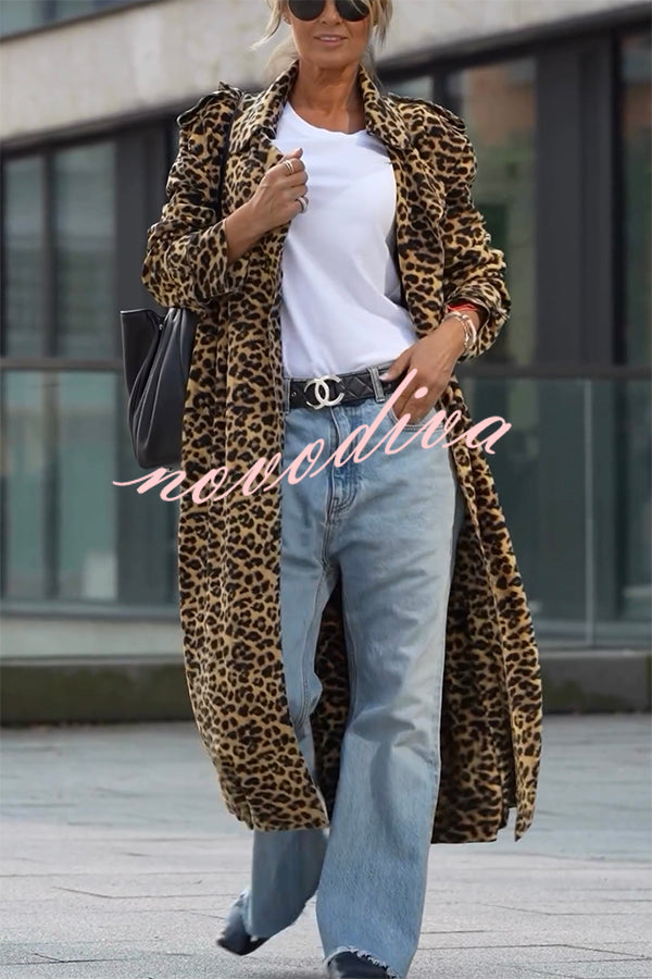 Women's long leopard print coat with lapel collar and long sleeves