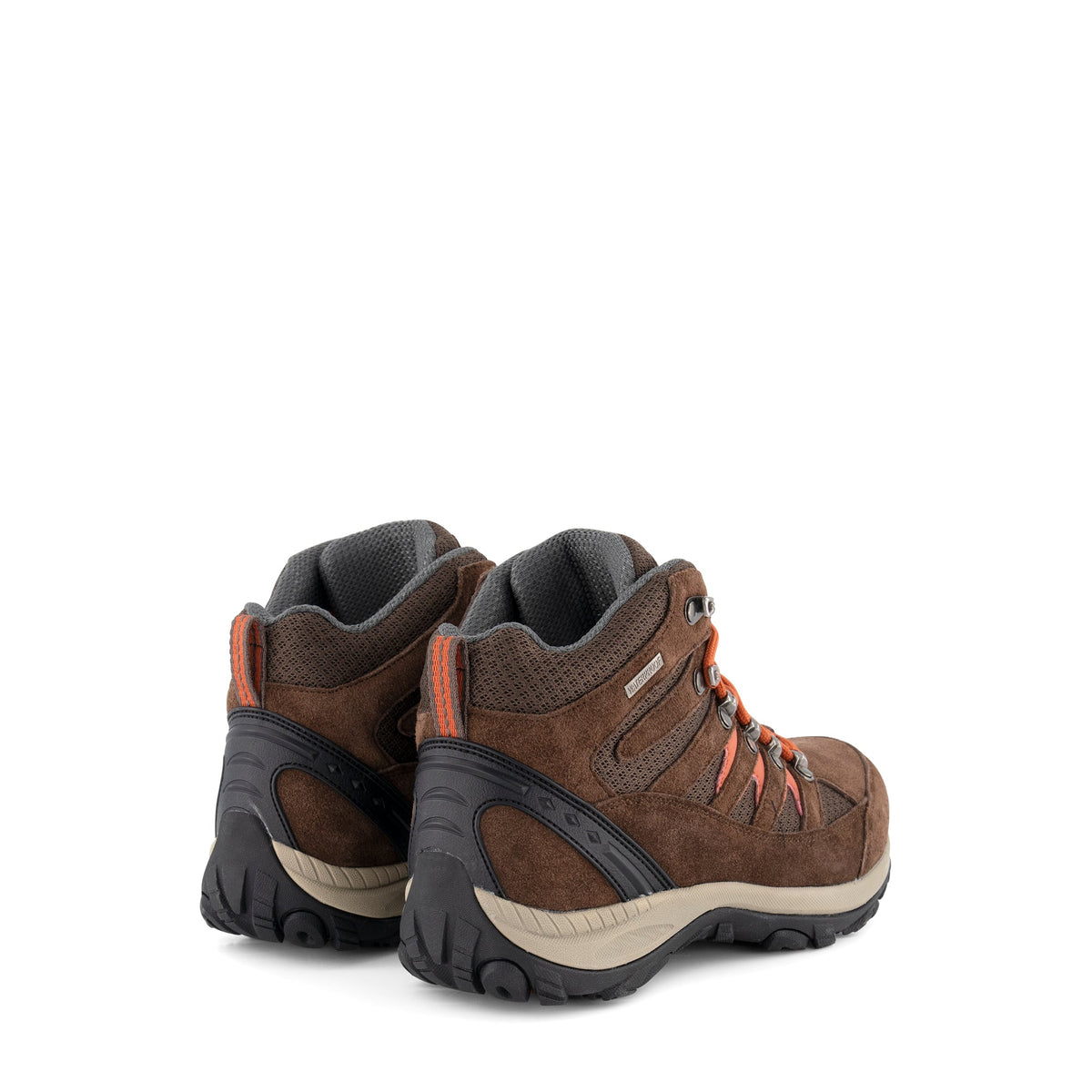 Brown high-top hiking boots with orange laces and lugged soles