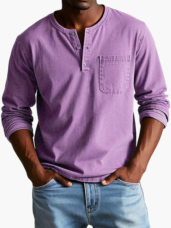 Men's long sleeve Henley shirt with Mandarin collar and chest pocket