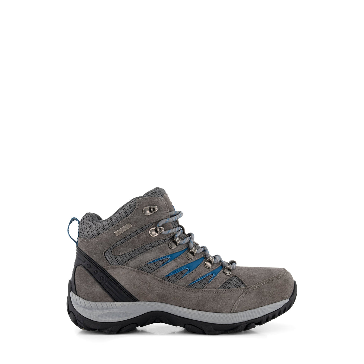 Grey lace-up hiking boots with blue detailing and black treaded soles