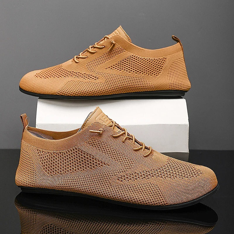 Mesh knit lace-up trainers with textured panels, round toes and flat soles