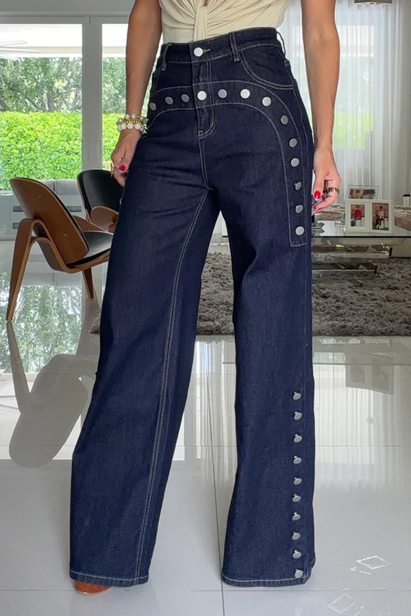 Women's navy high-rise wide leg jeans with silver stud details