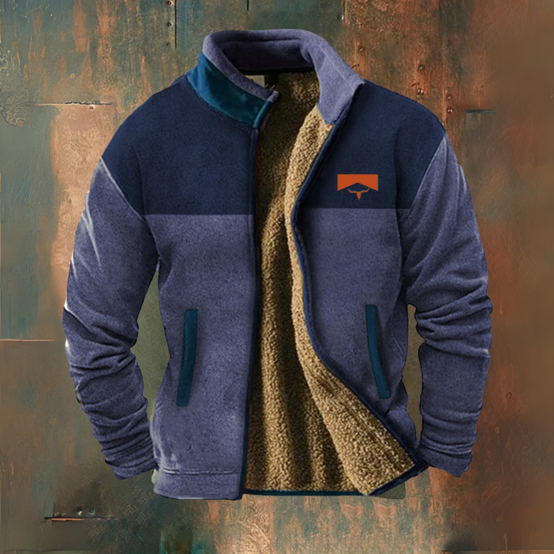 Men's colour block fleece jacket with stand collar, zip front and two pockets