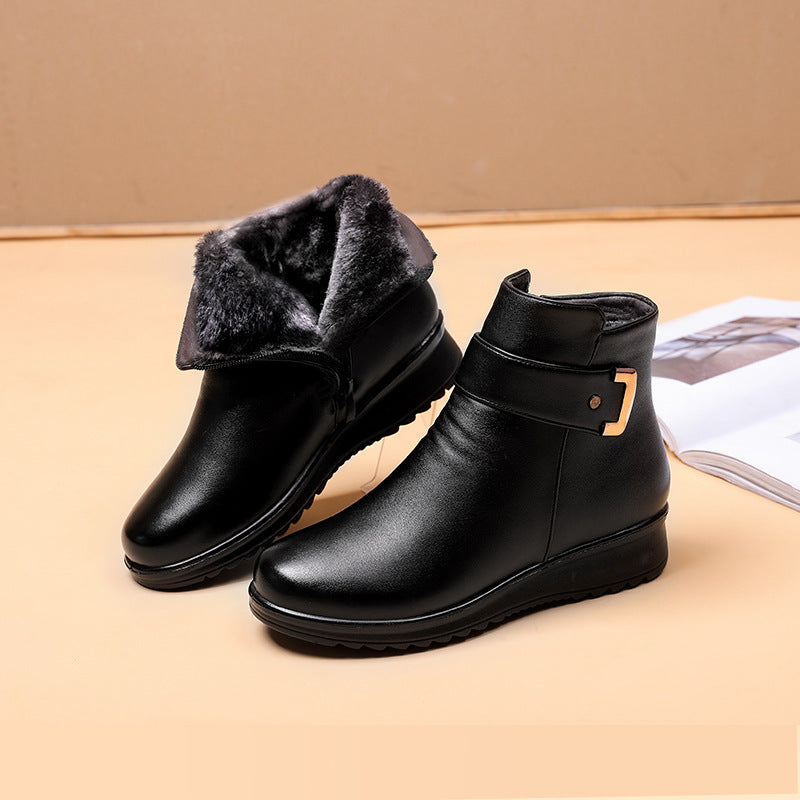 Women's ankle boots with plush collars, buckle straps and textured soles