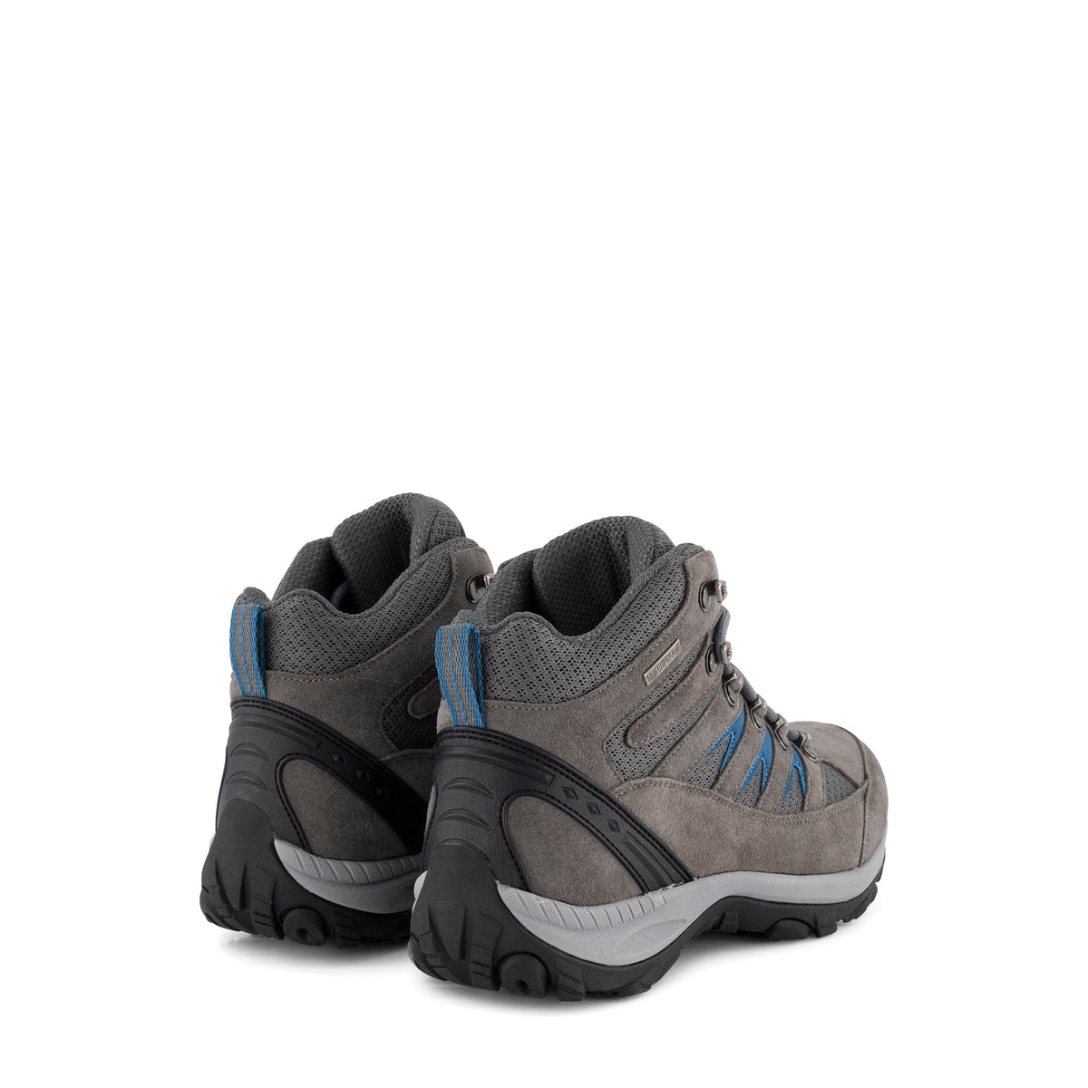Grey lace-up hiking boots with blue detailing and black treaded soles