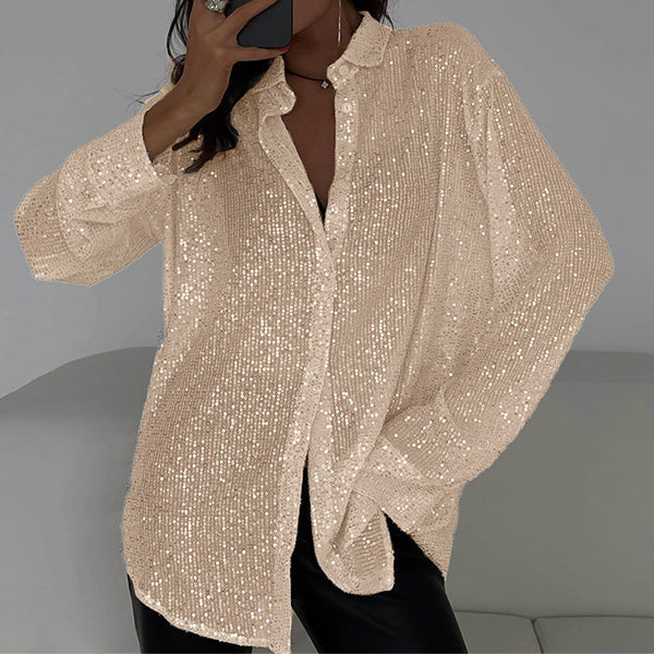 Women's long-sleeve sequin blouse with open collar and button front