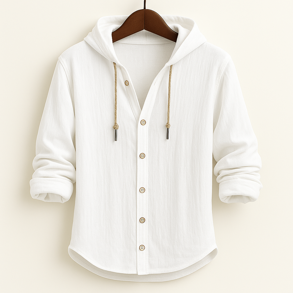 Men's long-sleeved hooded button shirt with drawstrings and curved hem