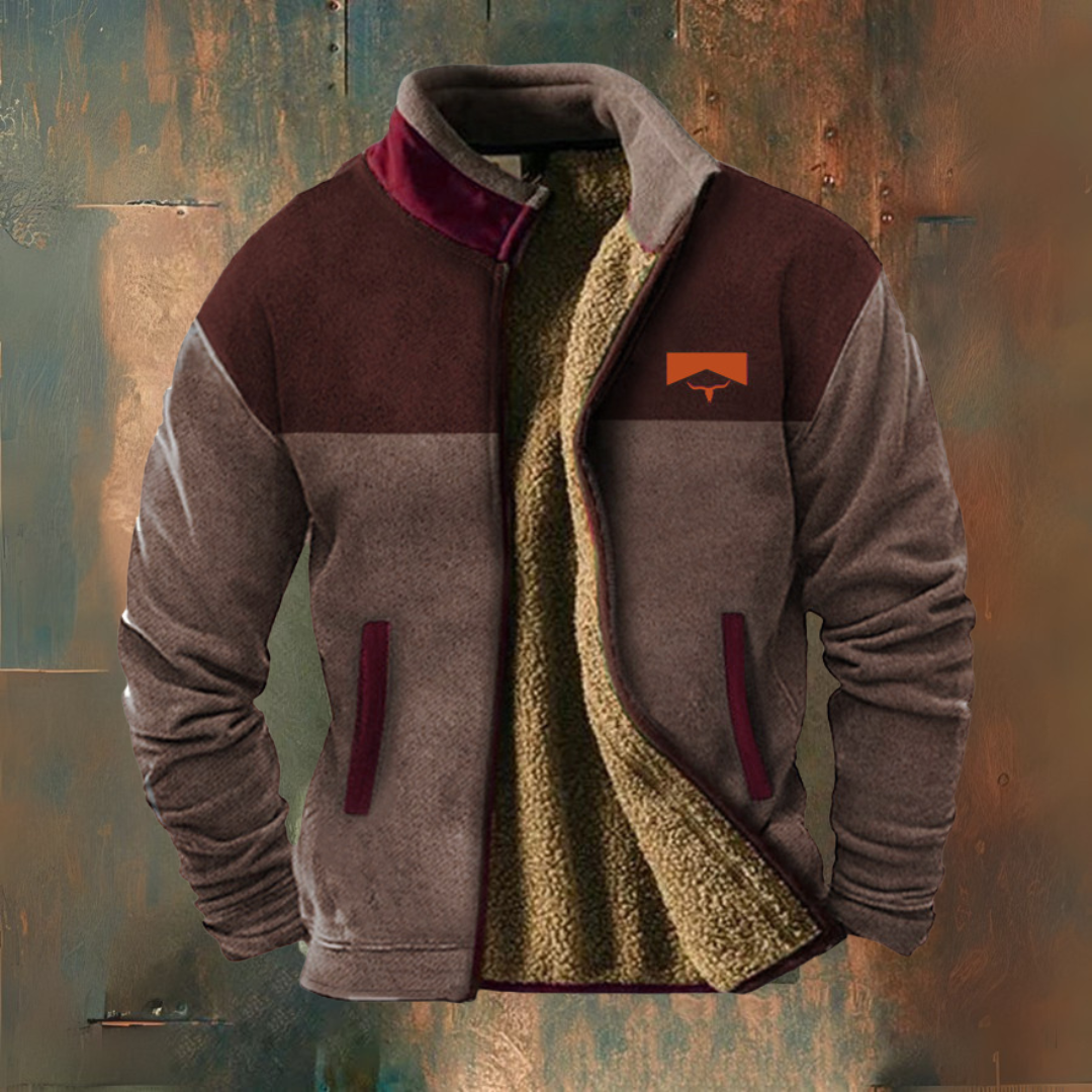 Men's colour block fleece jacket with stand collar, zip front and two pockets
