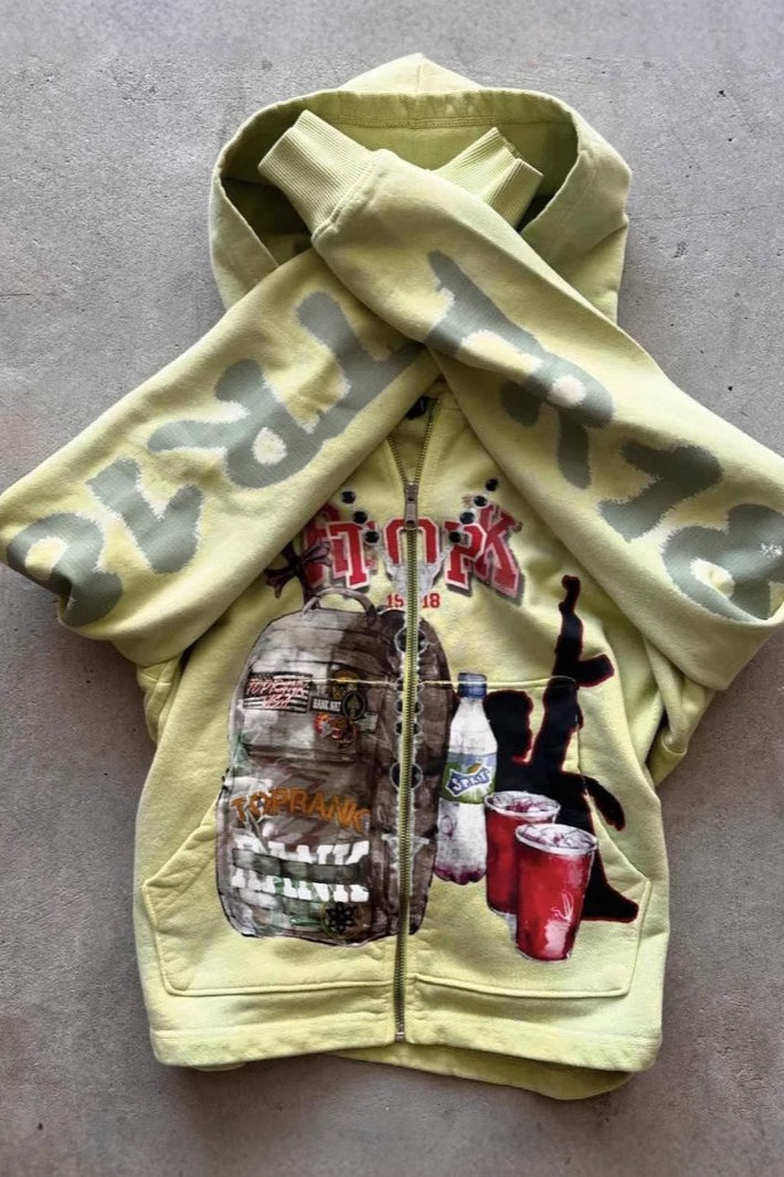 Yellow hooded zip hoodie with graphic front and sleeve prints