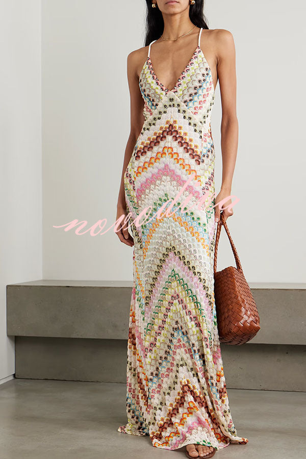 Women's multicoloured geometric knit maxi dress with V-neck and spaghetti straps