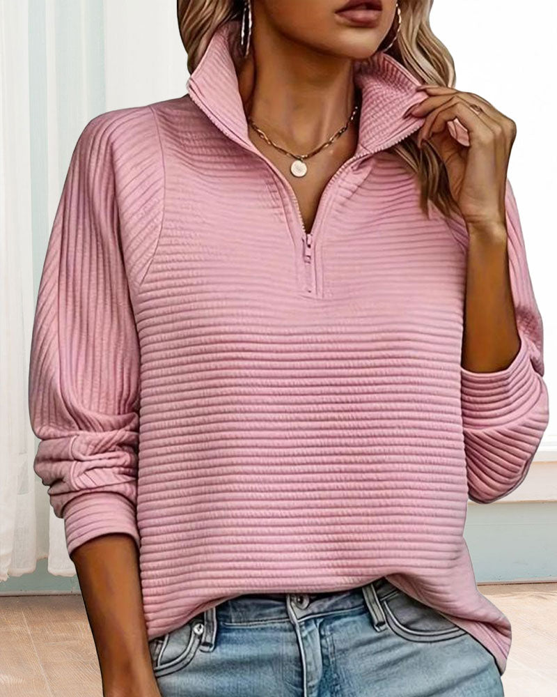 Women's ribbed quarter-zip sweatshirt with a high stand collar and long sleeves