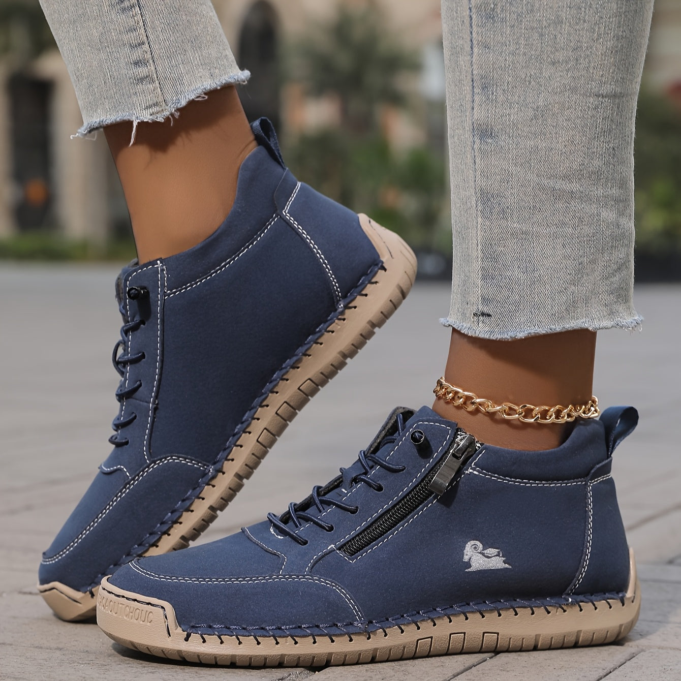 Women's Ankle Boot Lace-Up Side Zip - Navy