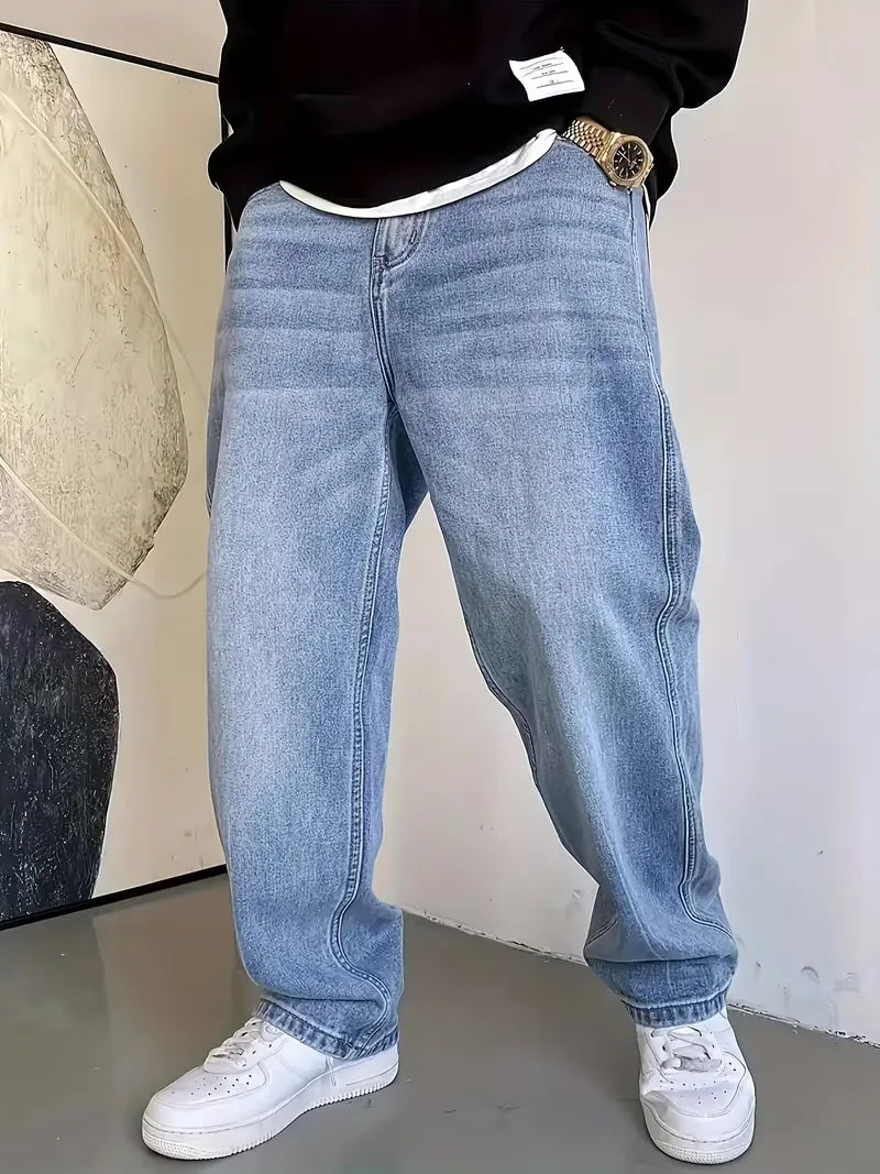 Men's light blue straight jeans with five-pocket design