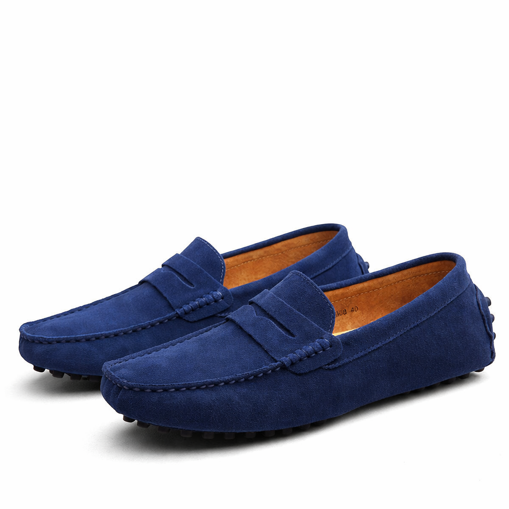 Men's slip-on loafers with moc toe stitching and penny strap detail