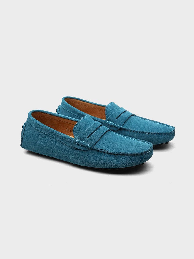 Men's suede boat loafers with moc toe and vamp strap