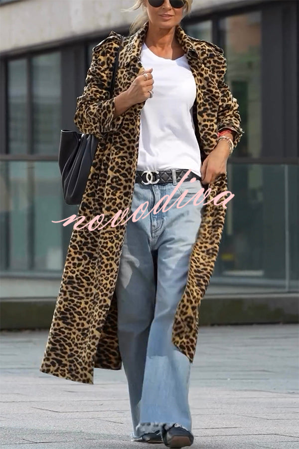Women's long leopard print coat with lapel collar and long sleeves