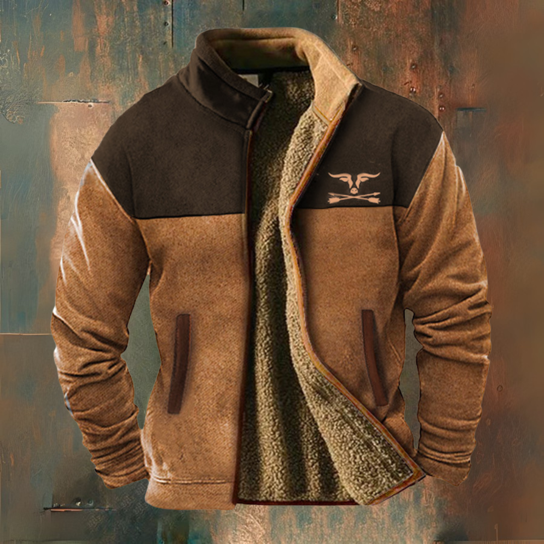 Men's two-tone zip jacket with stand collar, long sleeves, textured lining and front pockets