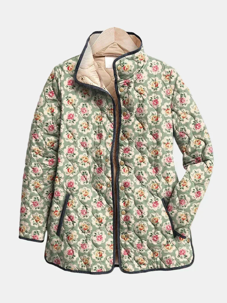 Women's multicolour floral quilted jacket with mandarin collar and front pockets