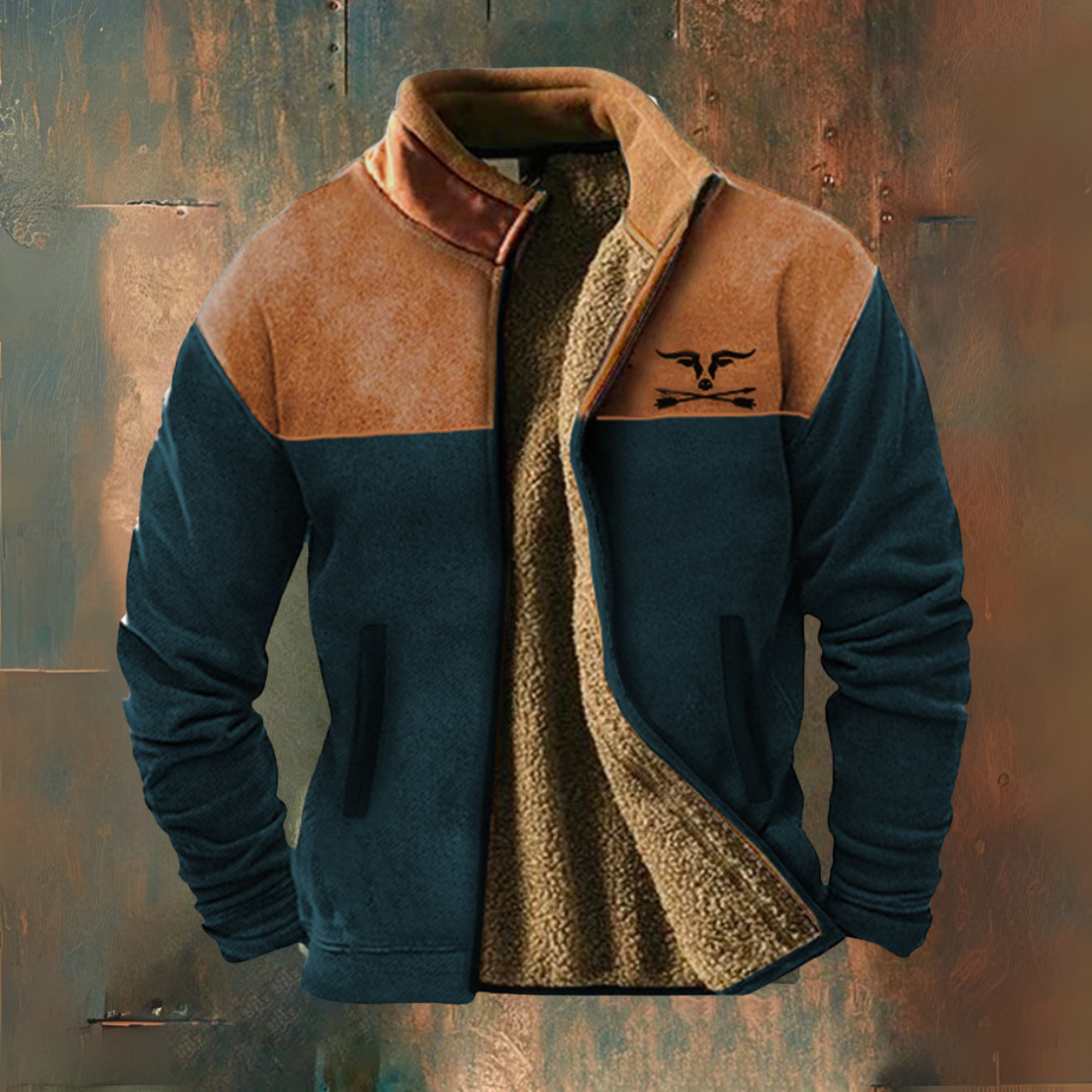 Men's two-tone zip jacket with stand collar, long sleeves, textured lining and front pockets