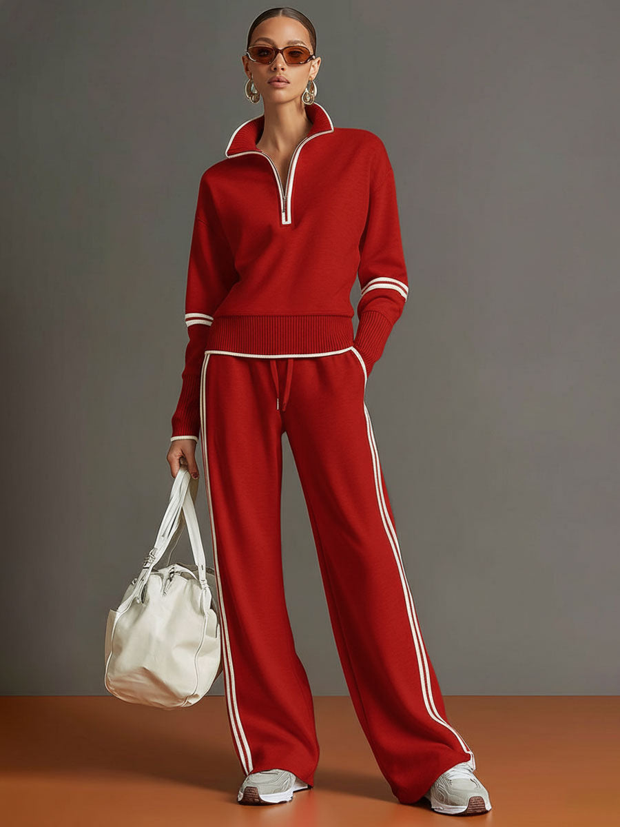 Ribbed Zip Lounge Set Grey White Loose Fit Tracksuit