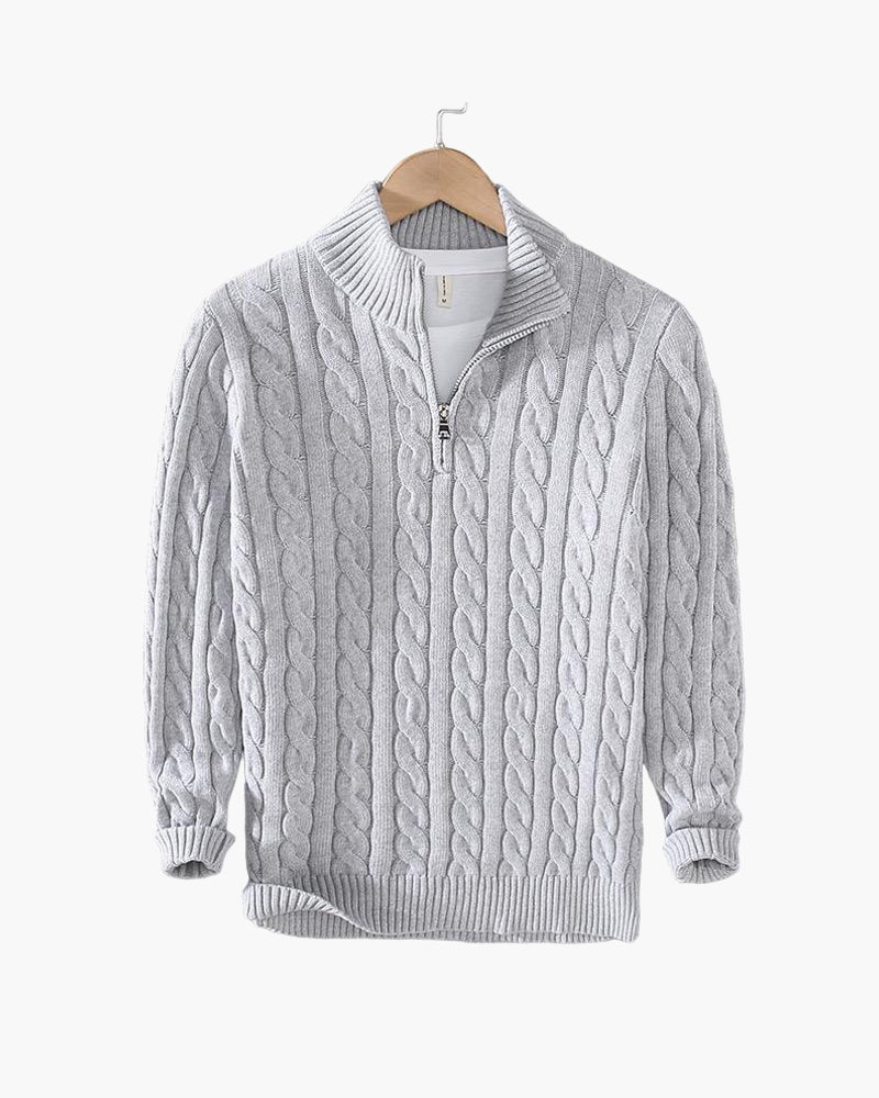 Men's cable knit half-zip sweater with mock neck and long sleeves